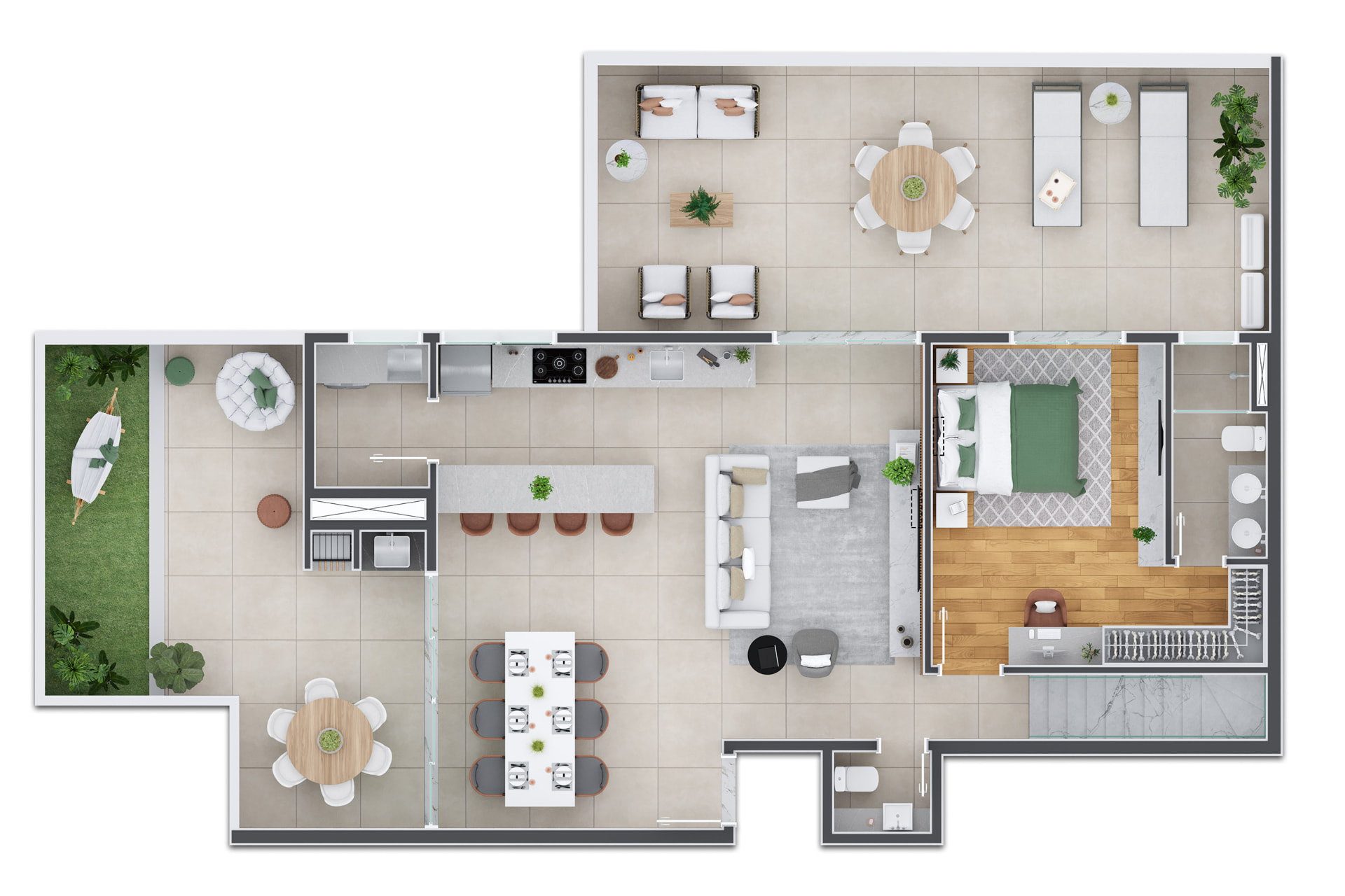 Garden duplex, piso inferior: living, cozinha, garden e suíte