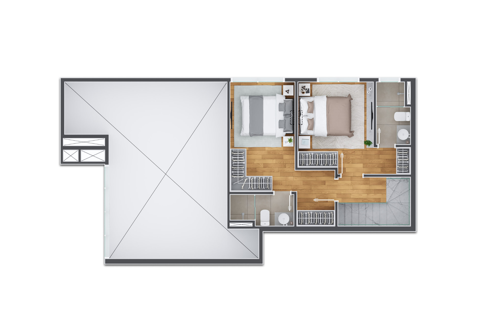 Garden duplex, piso superior: 2 suítes
